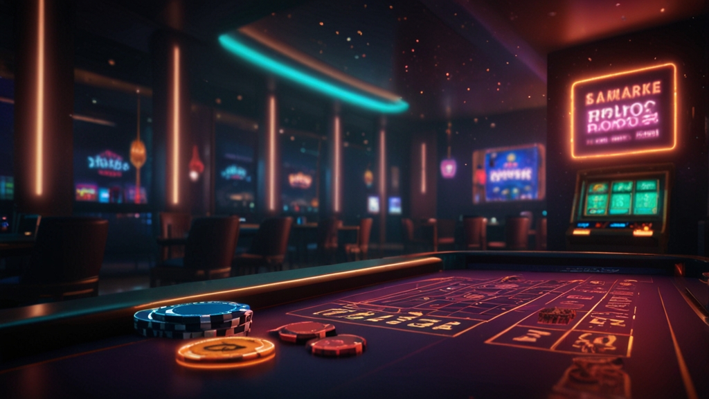 Dunkle Casino-Szene mit Willkommensbonus und leuchtenden Bonus-Icons