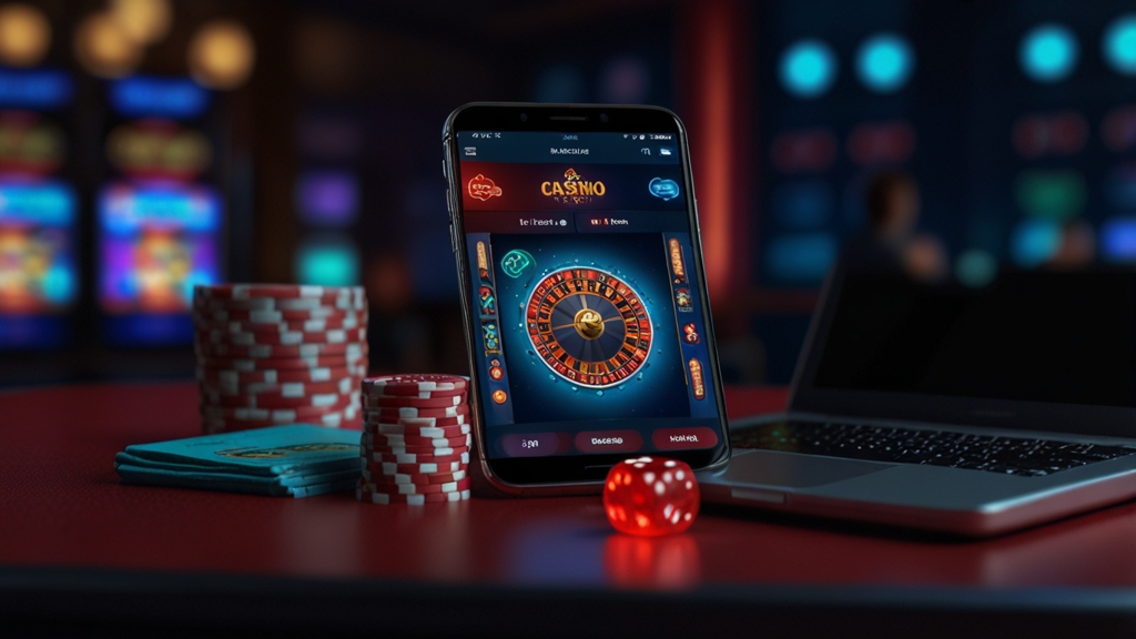 Smartphone zeigt den Download einer Casino-App in dunkler Casino-Atmosphäre
