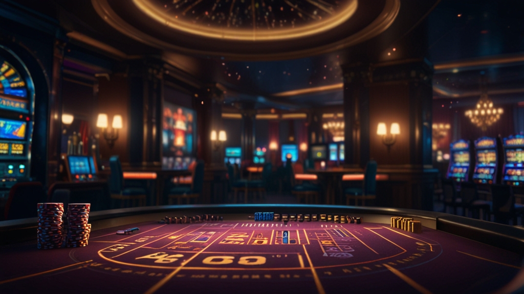 Dunkle Casino-Szene mit Gratisbonus und leuchtender Bonuskarte